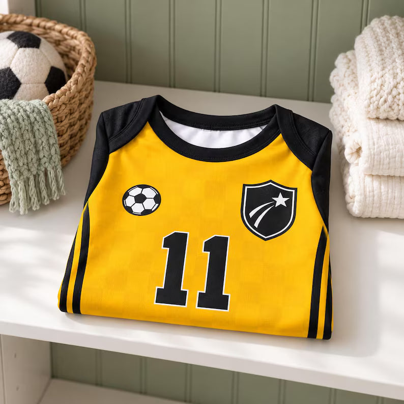 Personalized Soccer Baby Bodysuit, Custom Name Number Football Outfit, Yellow Black Baby Jersey, Baby Shower Gift