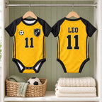 Personalized Soccer Baby Bodysuit, Custom Name Number Football Outfit, Yellow Black Baby Jersey, Baby Shower Gift