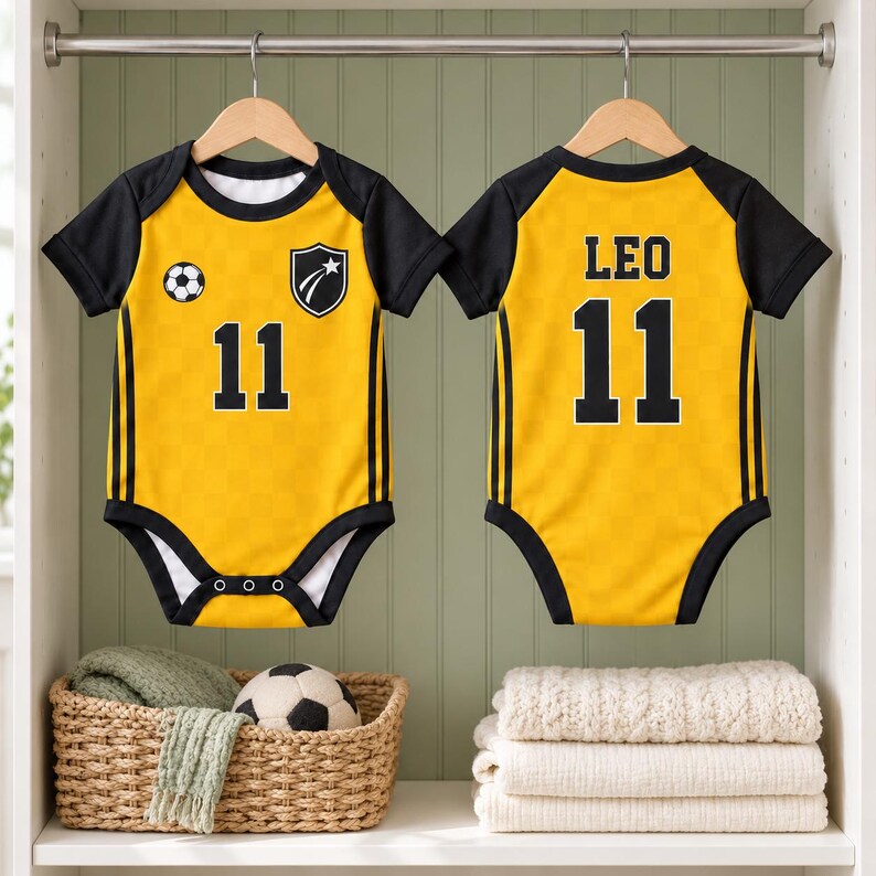 Personalized Soccer Baby Bodysuit, Custom Name Number Football Outfit, Yellow Black Baby Jersey, Baby Shower Gift