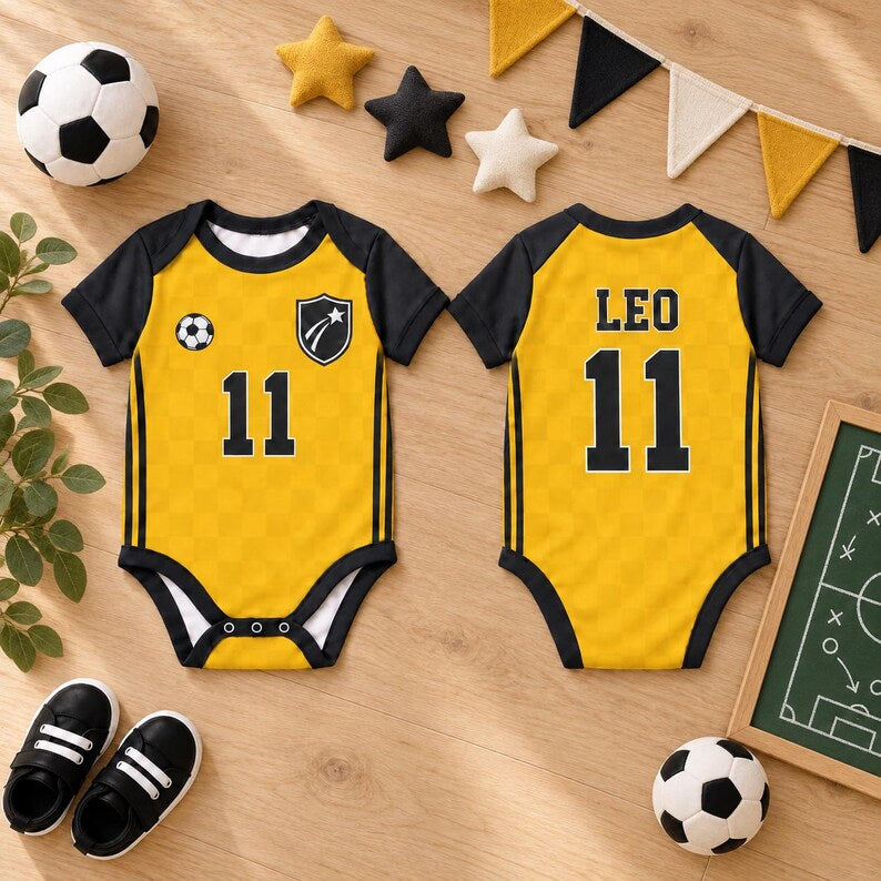 Personalized Soccer Baby Bodysuit, Custom Name Number Football Outfit, Yellow Black Baby Jersey, Baby Shower Gift