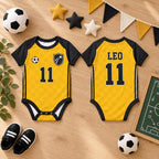 Personalized Soccer Baby Bodysuit, Custom Name Number Football Outfit, Yellow Black Baby Jersey, Baby Shower Gift