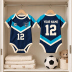 Baby Soccer Jersey Bodysuit, Custom Name Number Football Outfit, Navy Teal Sports Baby Shirt, Game Day Baby Gift
