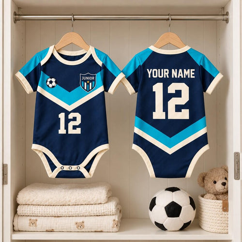 Baby Soccer Jersey Bodysuit, Custom Name Number Football Outfit, Navy Teal Sports Baby Shirt, Game Day Baby Gift