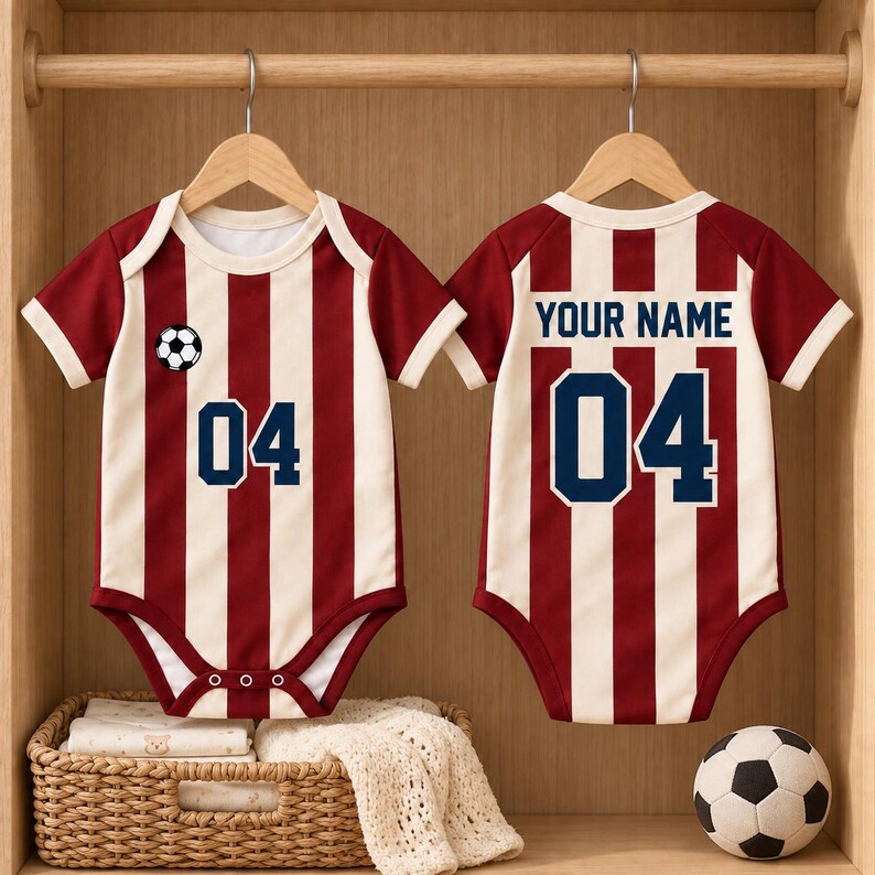 Striped Soccer Baby Bodysuit, Personalized Name Number Football Jersey, Red Cream Baby Sports Outfit, Game Day Baby Gift