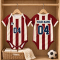 Striped Soccer Baby Bodysuit, Personalized Name Number Football Jersey, Red Cream Baby Sports Outfit, Game Day Baby Gift