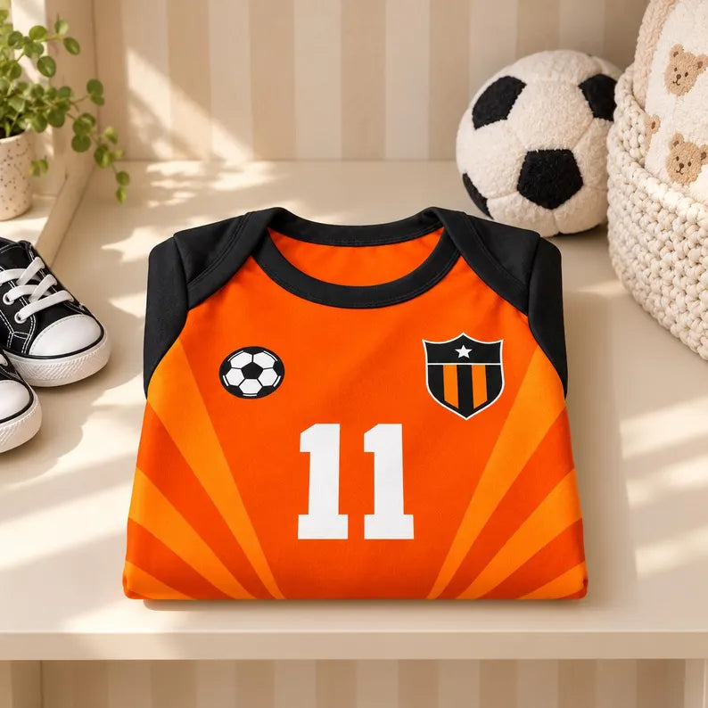 Orange Soccer Baby Bodysuit, Personalized Name Number Football Outfit, Black Orange Baby Jersey, Game Day Baby Gift