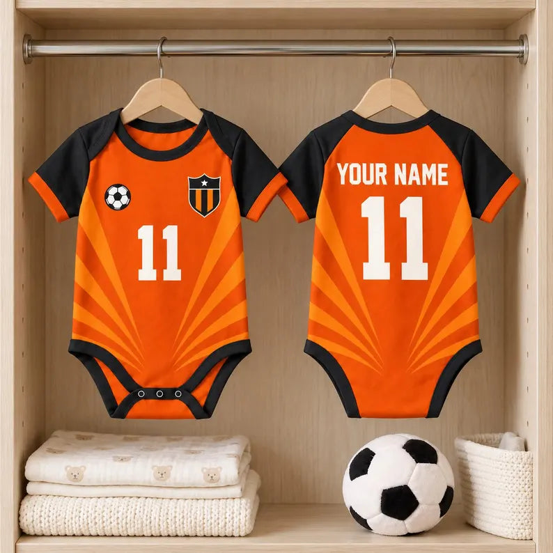 Orange Soccer Baby Bodysuit, Personalized Name Number Football Outfit, Black Orange Baby Jersey, Game Day Baby Gift