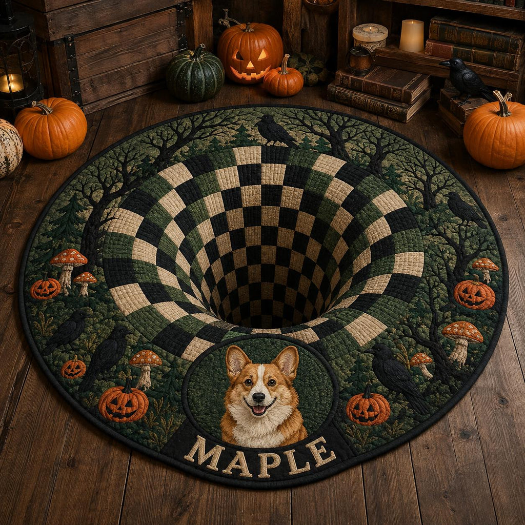 Personalized Corgi Halloween Rug - Custom Pet Name Round Carpet