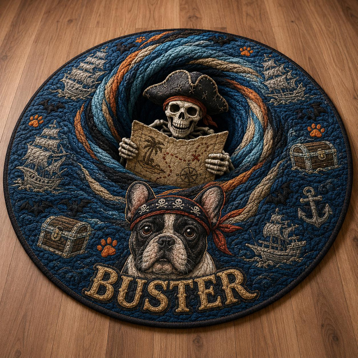 Pirate Dog Round Rug - Personalized Pet Name Carpet