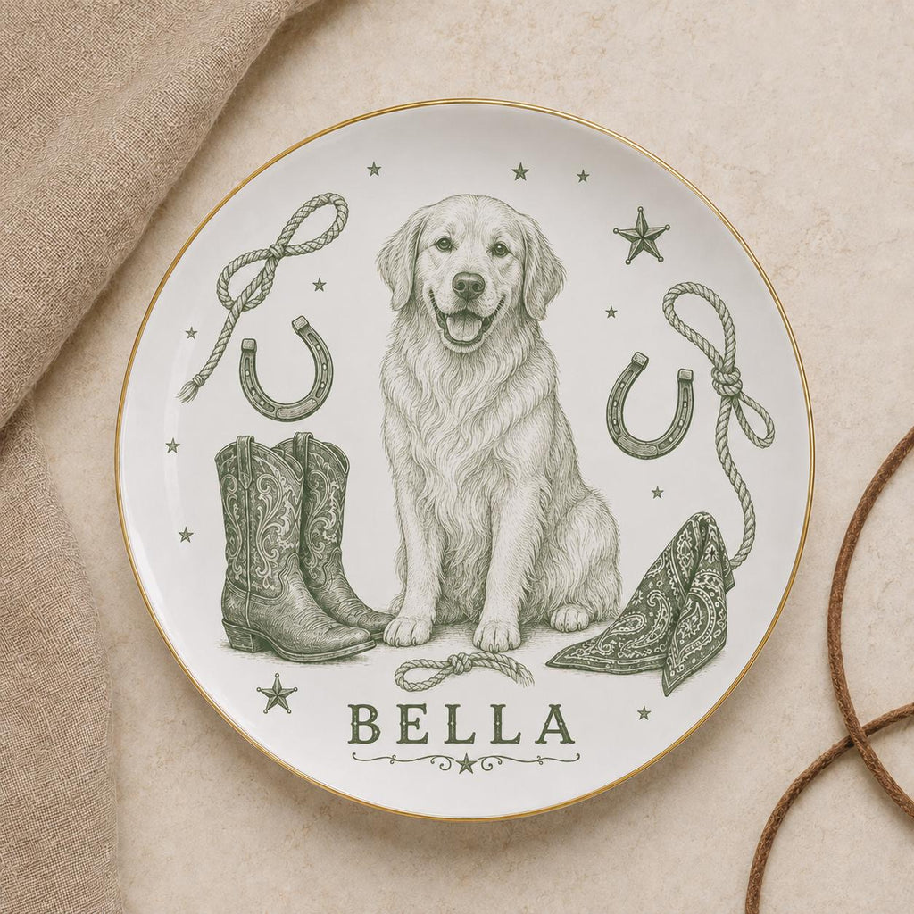 Personalized Western Dog Ceramic Dish - Custom Pet Name Plate