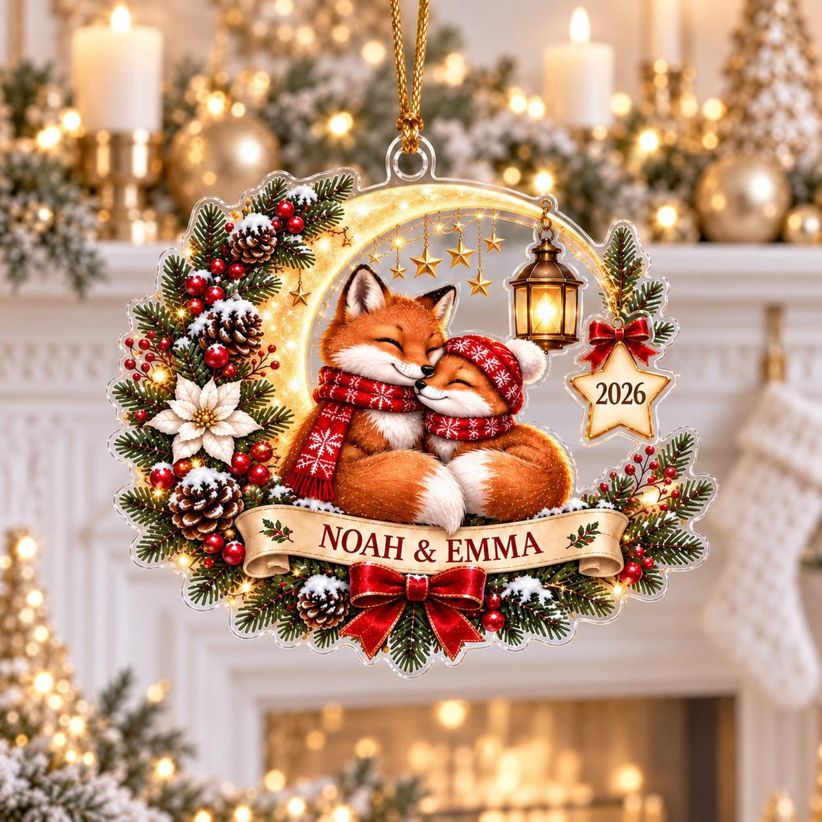 Personalized Fox Christmas Ornament - Custom Couple Names Acrylic Keepsake