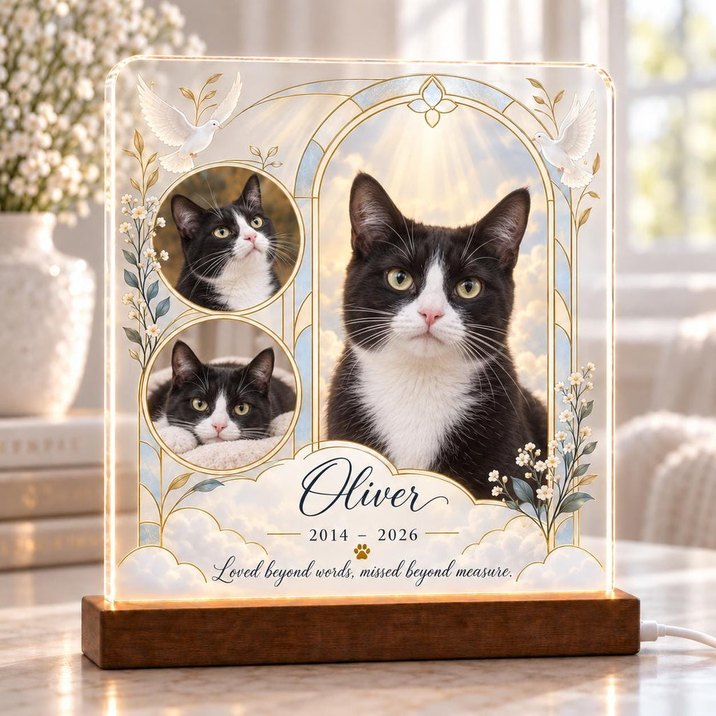 Angel Cat Memorial Light - Custom Tuxedo Cat Photo Acrylic Plaque