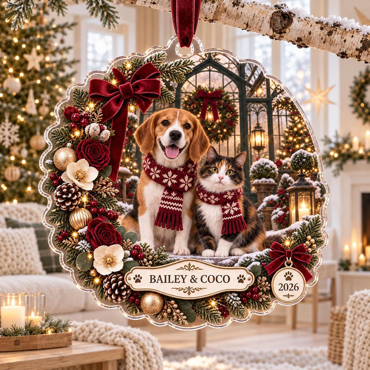 Burgundy Pet Christmas Ornament - Personalized Dog Cat Acrylic Keepsake
