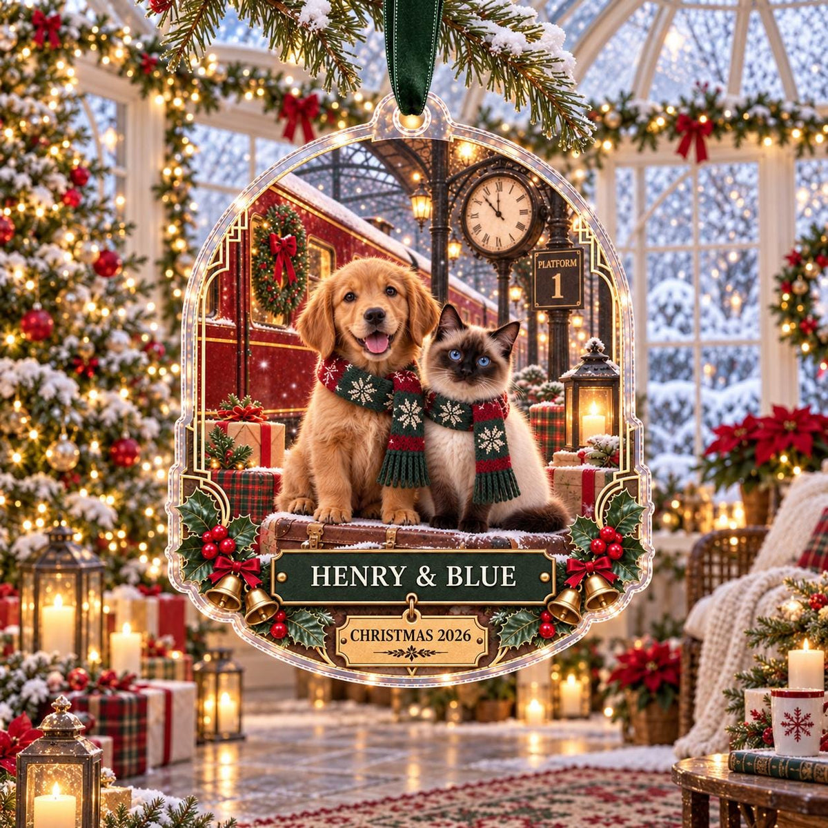 Christmas Train Pet Ornament - Personalized Dog Cat Acrylic Keepsake