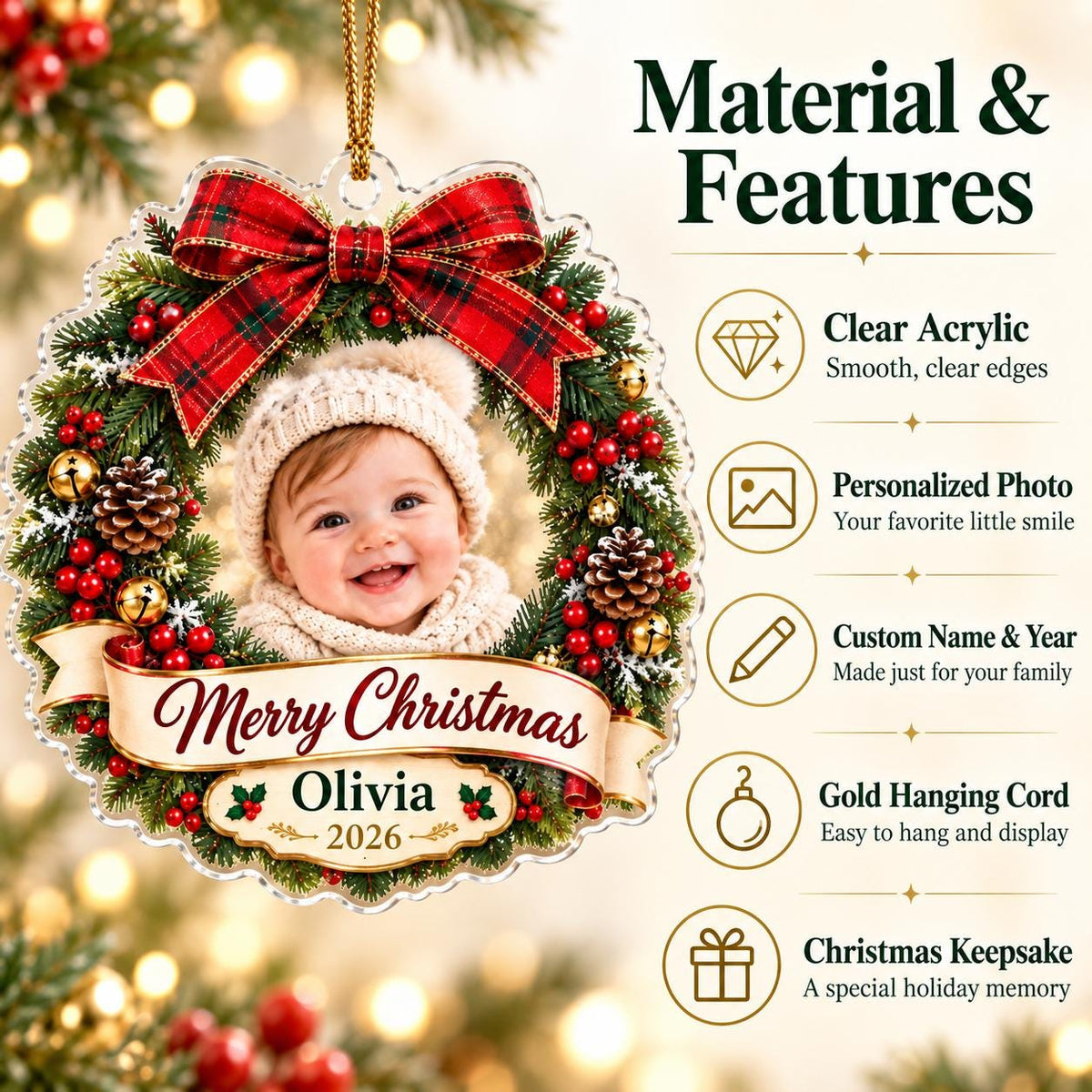 Christmas Wreath Ornament - Personalized Baby Photo Acrylic Keepsake - image 6