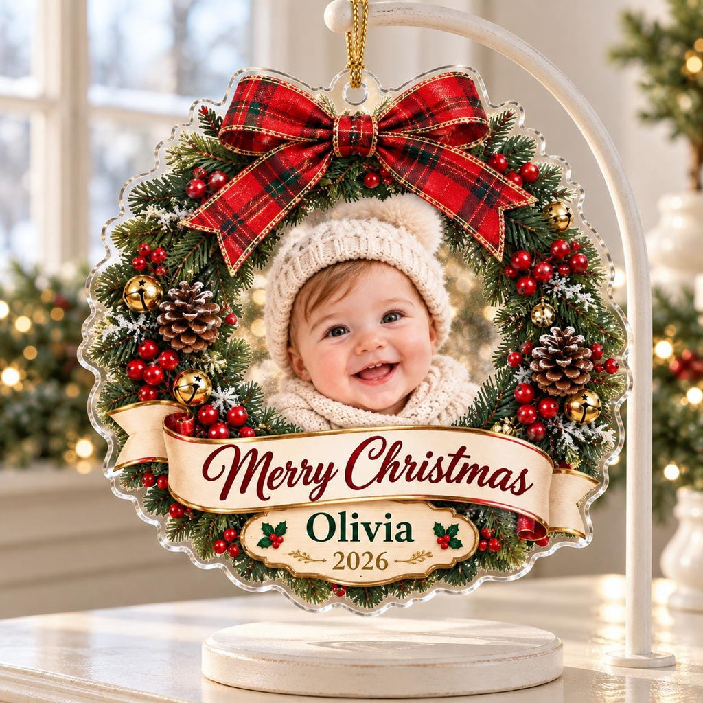 Christmas Wreath Ornament - Personalized Baby Photo Acrylic Keepsake
