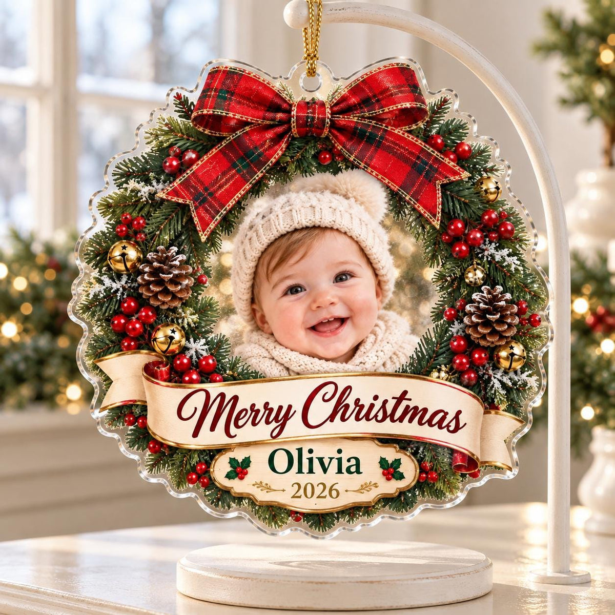 Christmas Wreath Ornament - Personalized Baby Photo Acrylic Keepsake
