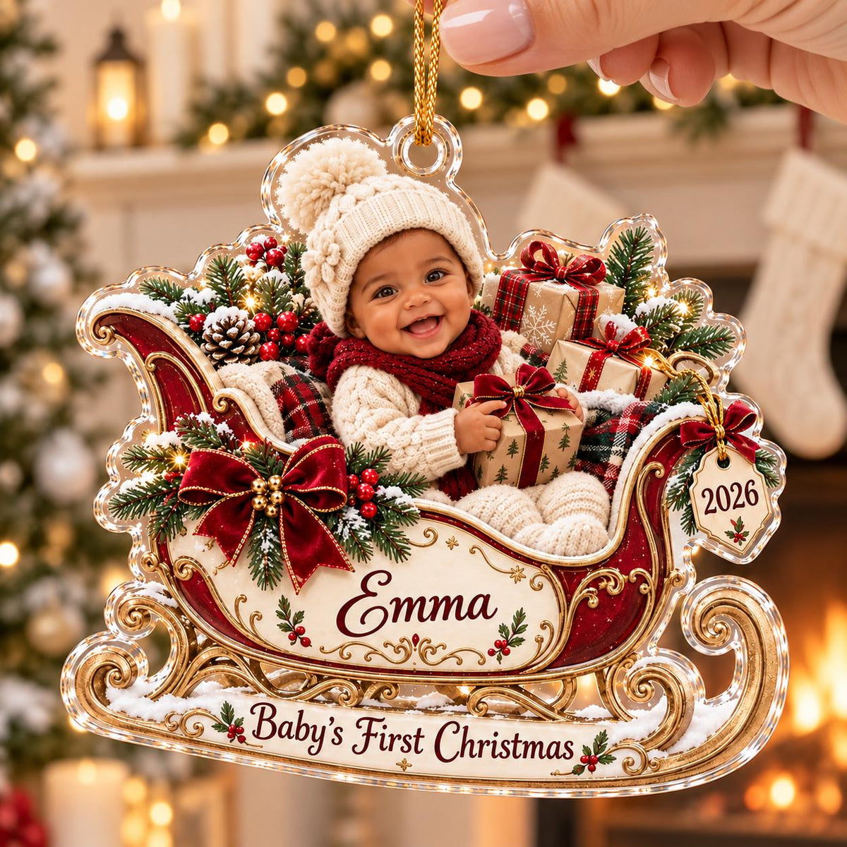 Christmas Sleigh Ornament - Personalized Baby Photo Acrylic Keepsake - image 2