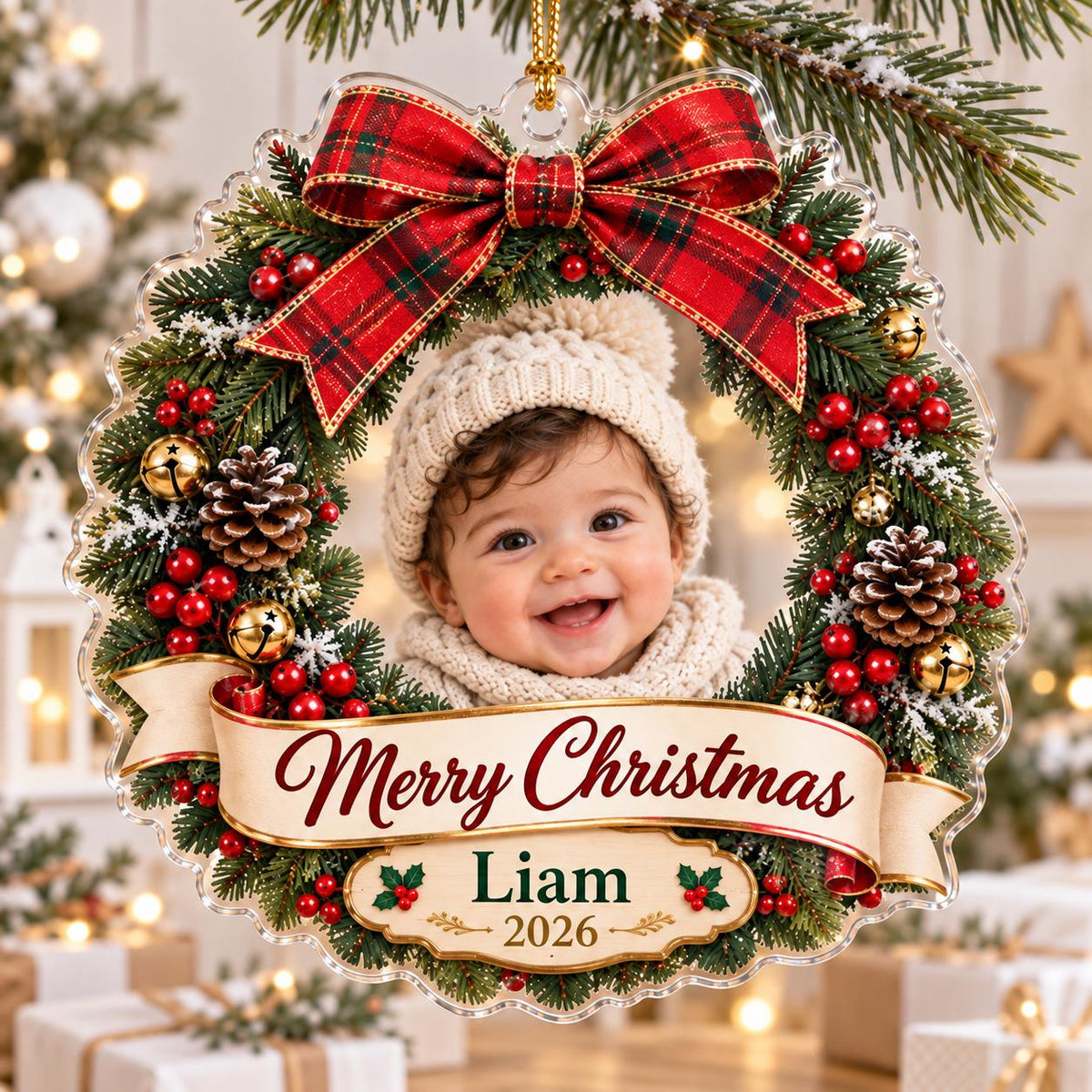 Christmas Wreath Ornament - Personalized Baby Photo Acrylic Keepsake - image 3